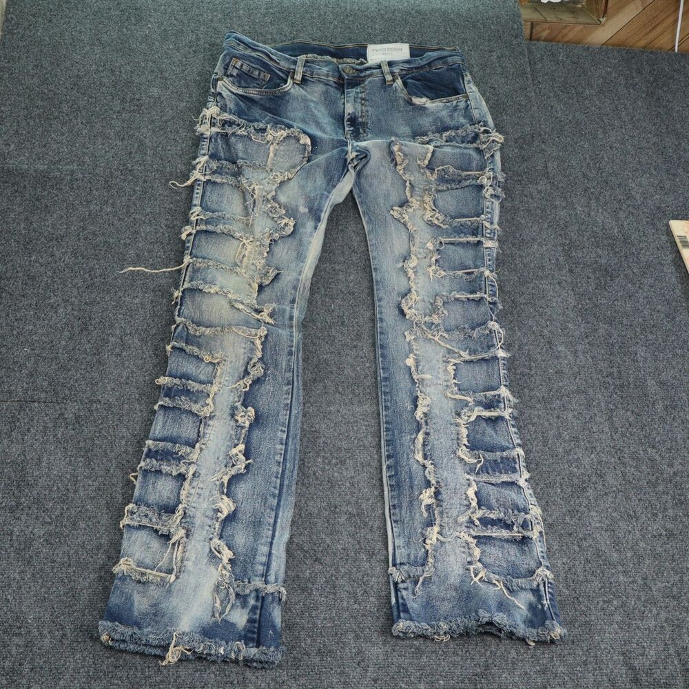 Men FWRD DENIM CO. Patchwork Ripped Denim Jeans Distressed Size 34 x 36 Stacked